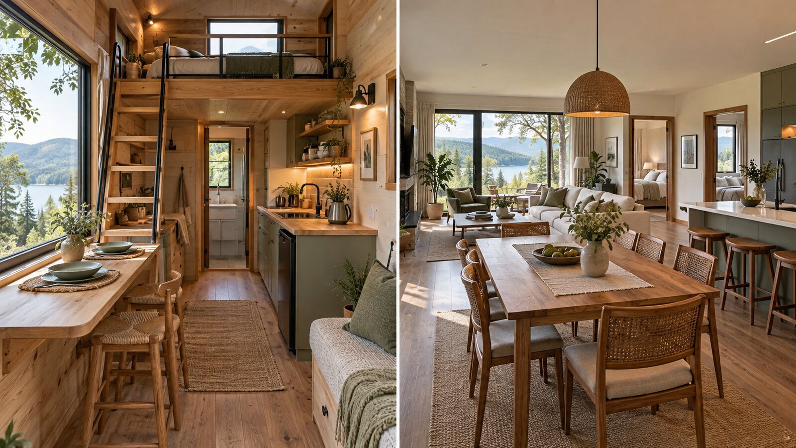 Kompakt tiny house iç mekânı ile geniş villa yaşam alanının temsili karşılaştırması