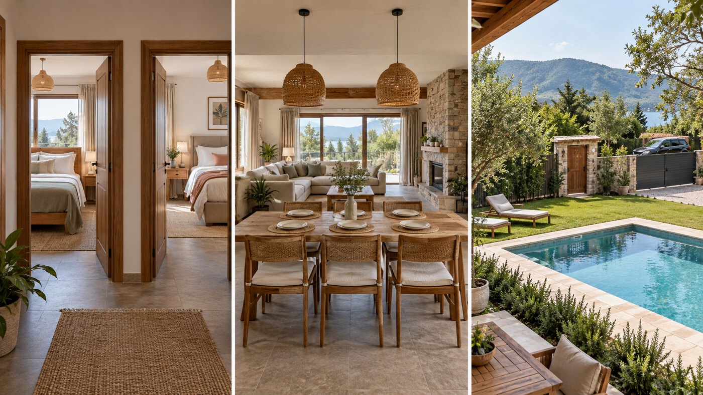 Villa seçiminde yatak odaları, ortak yaşam alanı ve havuzlu bahçeyi karşılaştıran temsili görsel