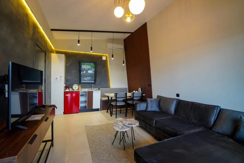 Lake Look Sapanca bungalovunun modern salonu ve mutfak alanı