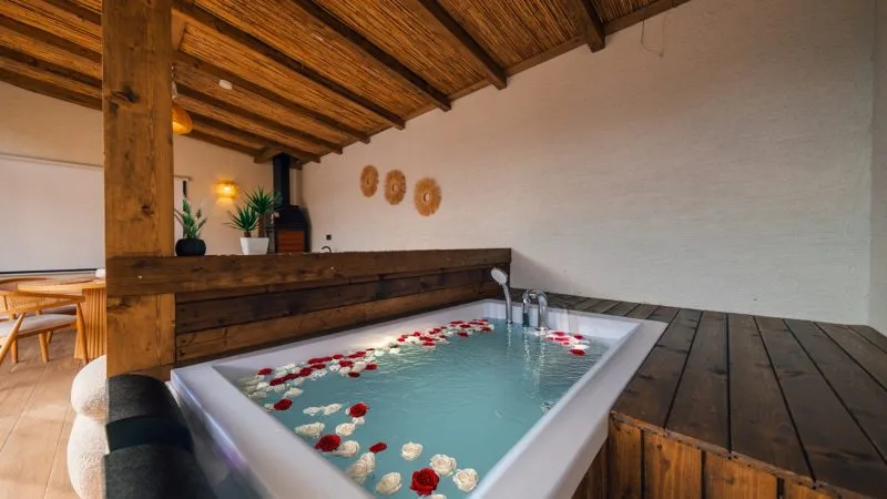The Now Sapanca otelinde jakuzili bir tiny house iç mekan görüntüsü